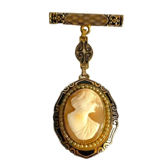 Vintage Cameo Brooch Victorian Style Carved Female Profile Portrait Gold Pin - Picture 1 of 11